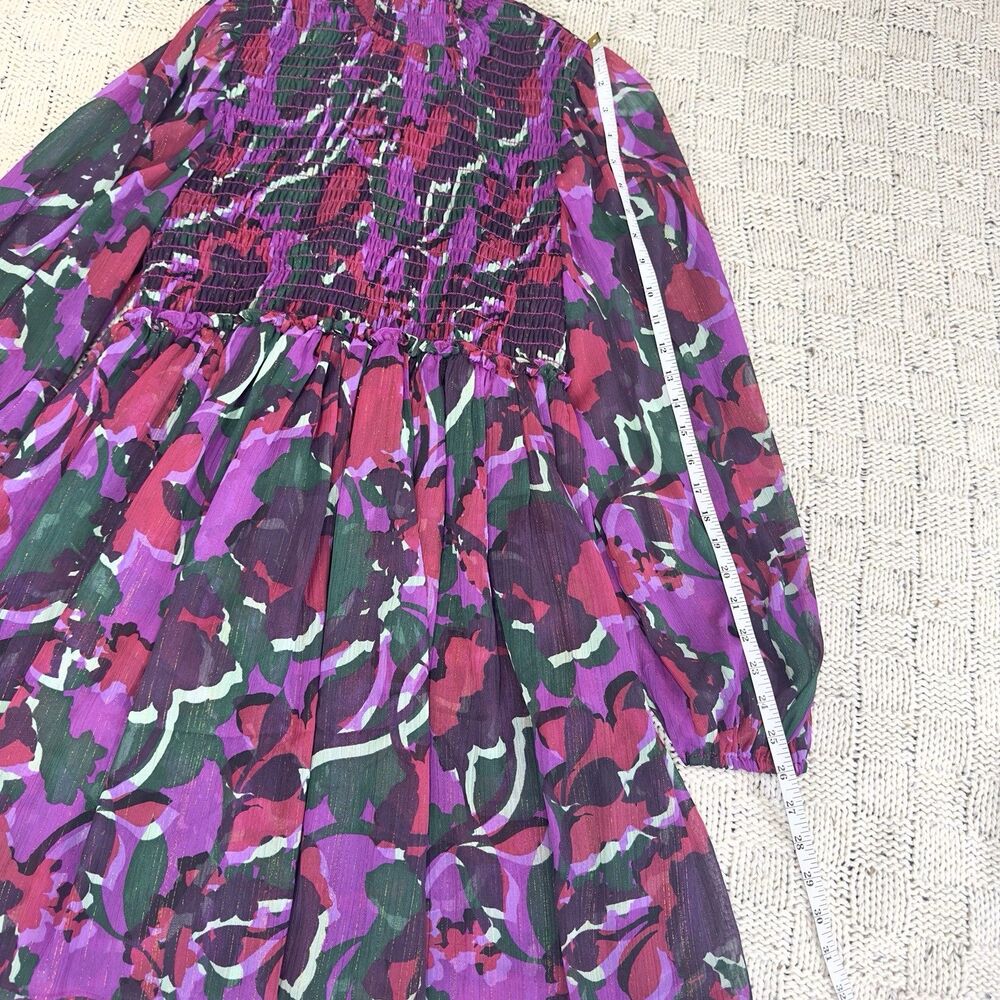 MISA Los Angeles Jessa Dress S Pink Purple Floral Lurex Smocked Mini Mock Neck - Picture 8 of 10